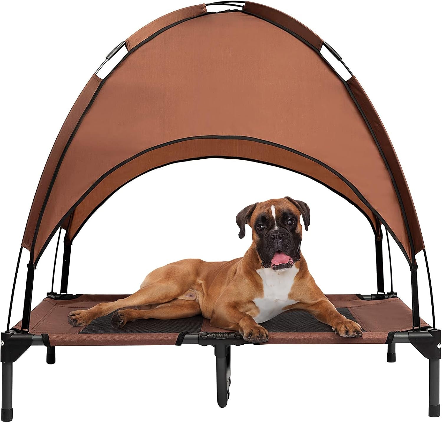 Outdoor Dog Bed, Elevated Pet Cot with Canopy, outside Portable for Camping Tents, Durable Oxford Fabric, Extra Carrying Bag, Brown
