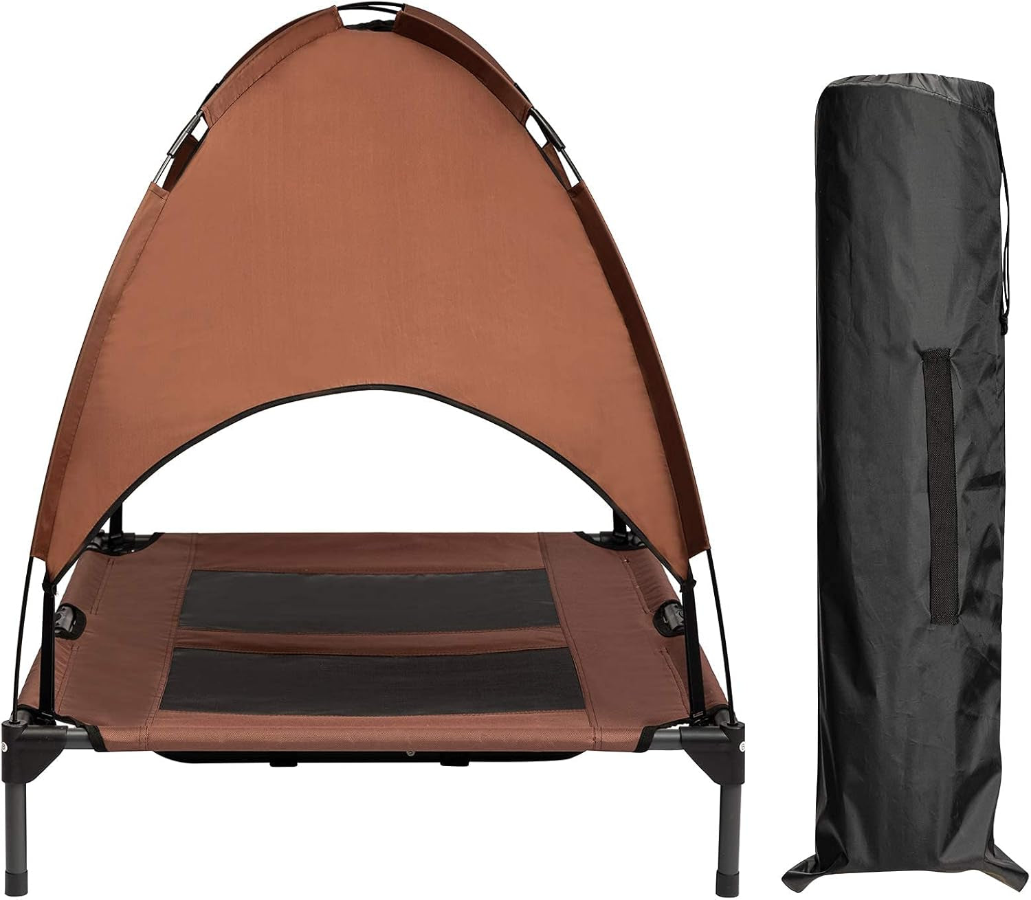 Outdoor Dog Bed, Elevated Pet Cot with Canopy, outside Portable for Camping Tents, Durable Oxford Fabric, Extra Carrying Bag, Brown